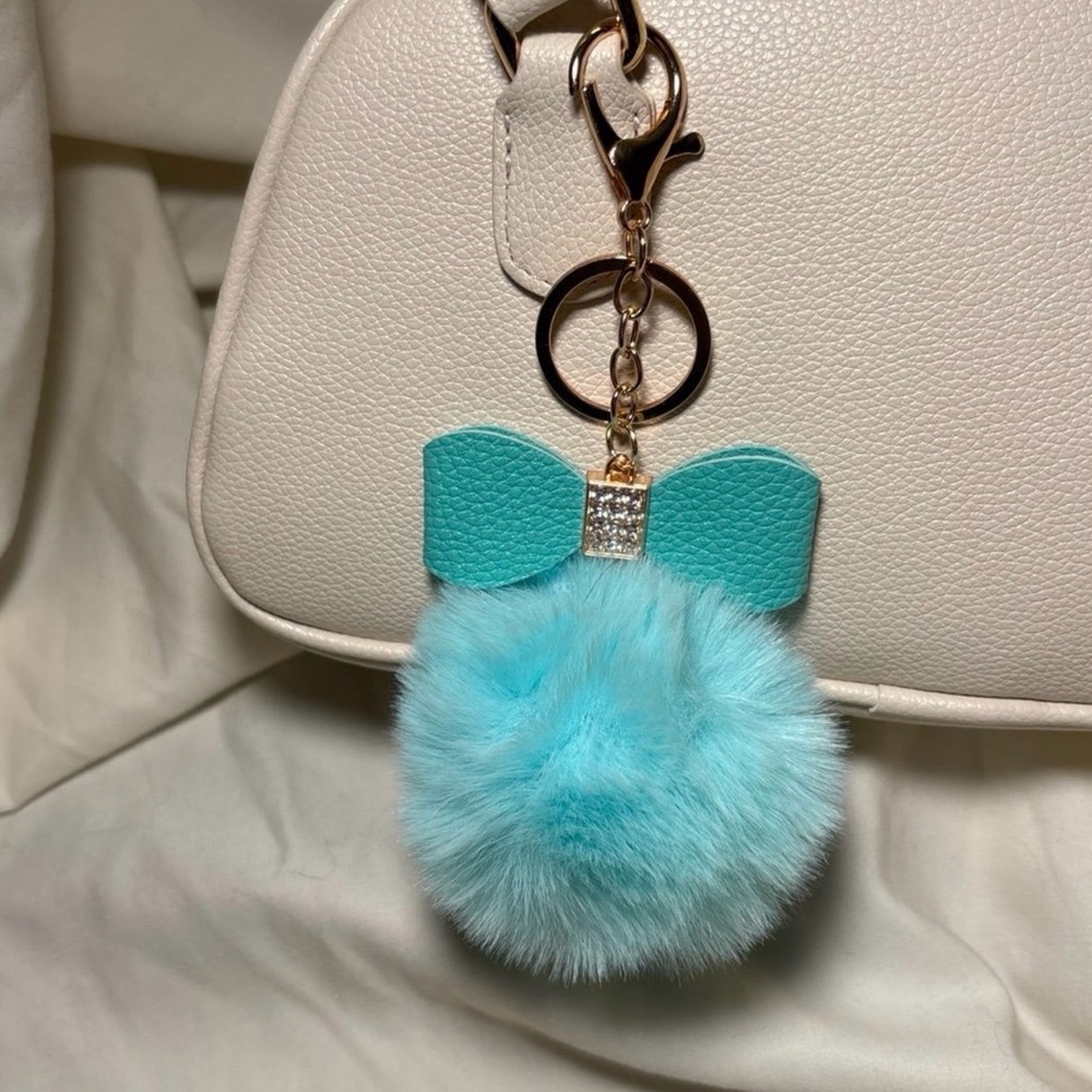 Teal Fluffy Rhinestone Bow Pom Pom Keychain Bag Charm